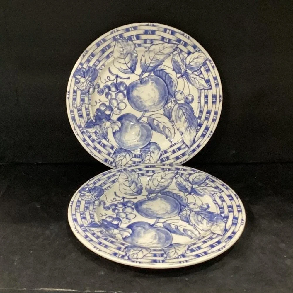 Pier 1 Imports Fruit Themed Dinner Plates, Set of 2, Vtg Hand Painted Dinnerware